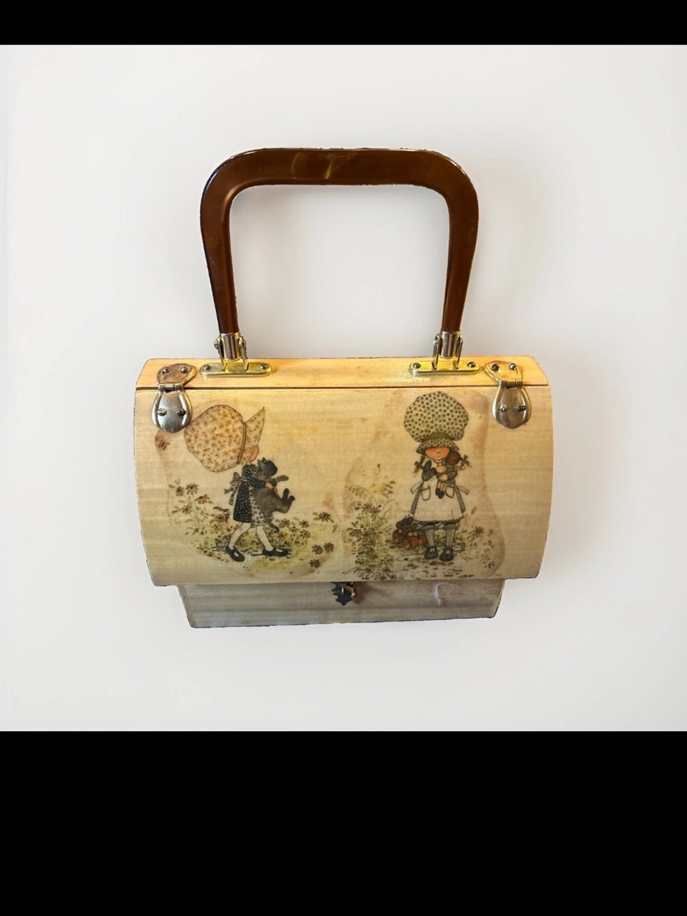 Vintage 1960s/1970s Decoupage Wooden Purse holly hobby.